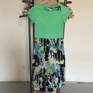 Vintage Green Top with Black Floral Skirt woman Dress XS ( unknow brand )